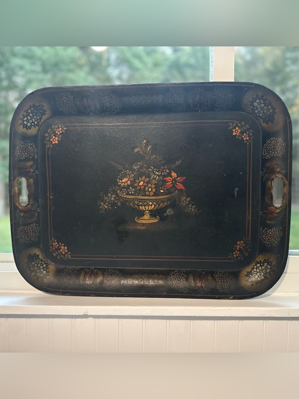 Hand Painted Decorated French Toleware Cafe Serving Tray Centerpiece Decor